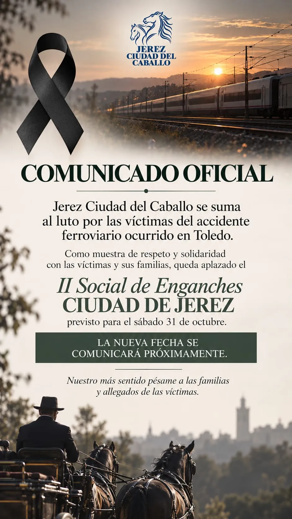 Comunicado oficial de Jerez Ciudad del Caballo con un lazo negro: aplazada la II Social de Enganches «Ciudad de Jerez»