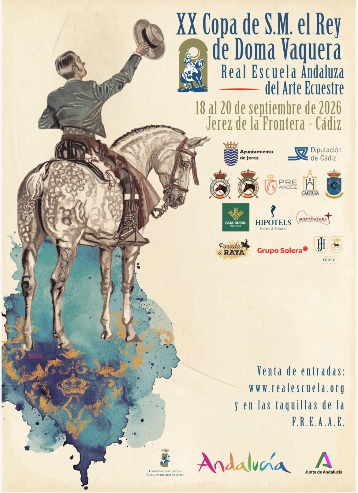 Cartel oficial de la XX Copa de S.M. el Rey de Doma Vaquera — Real Escuela Andaluza del Arte Ecuestre, Jerez 2026