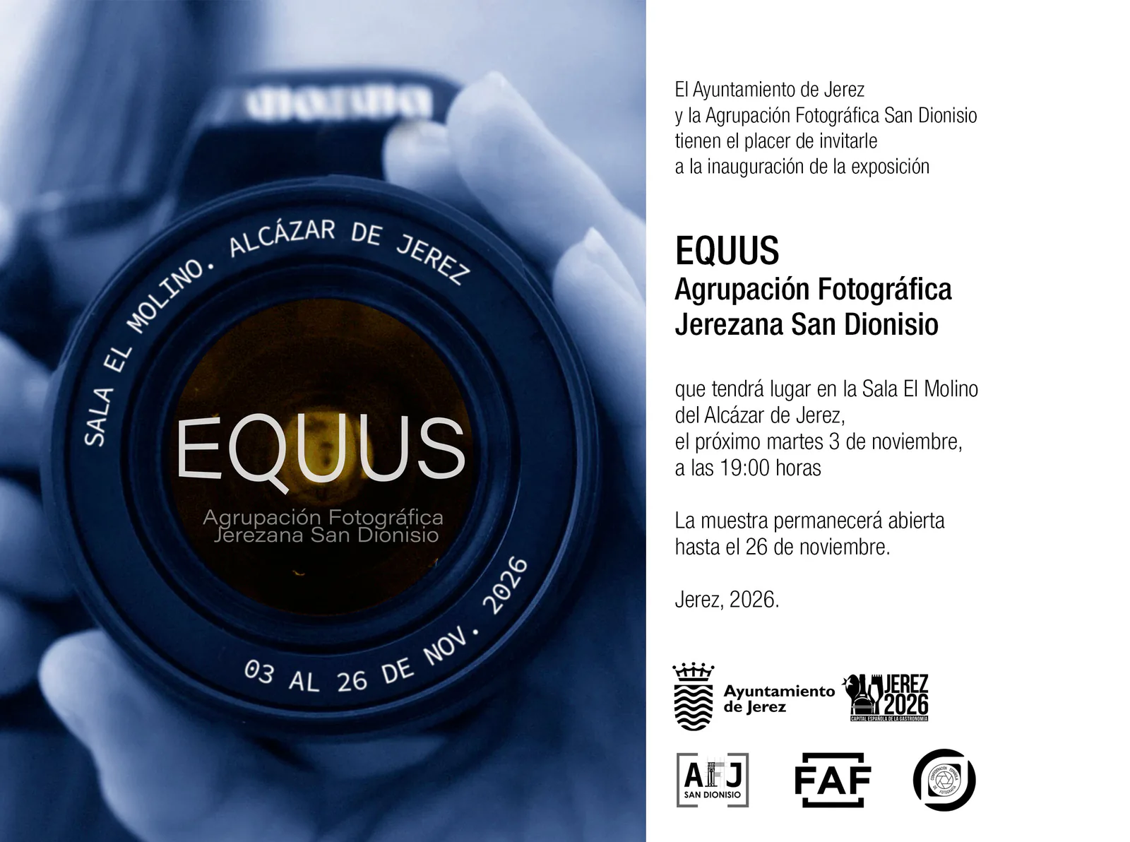 Invitation to the opening of the "EQUUS" photography exhibition by the San Dionisio Photographic Society of Jerez