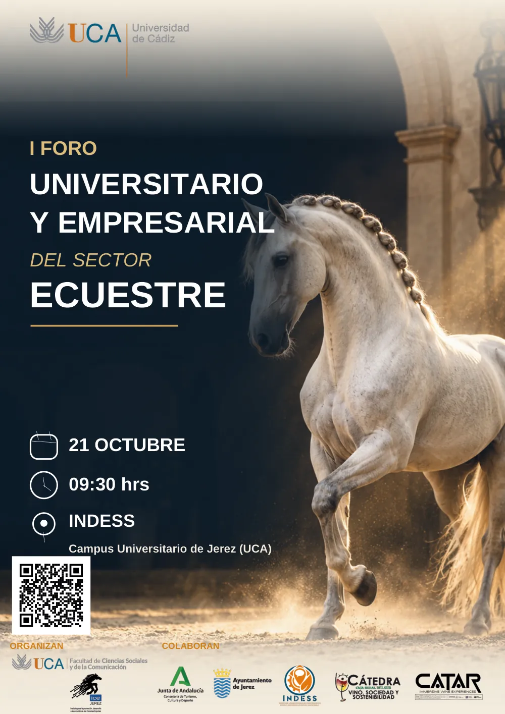 Poster for the 1st University and Business Forum of the Equestrian Sector, with a grey horse