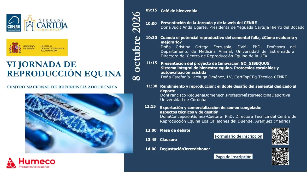 Programa de la VI Jornada de Reproducción Equina del CENRE en la Yeguada Cartuja Hierro del Bocado, 8 de octubre de 2026